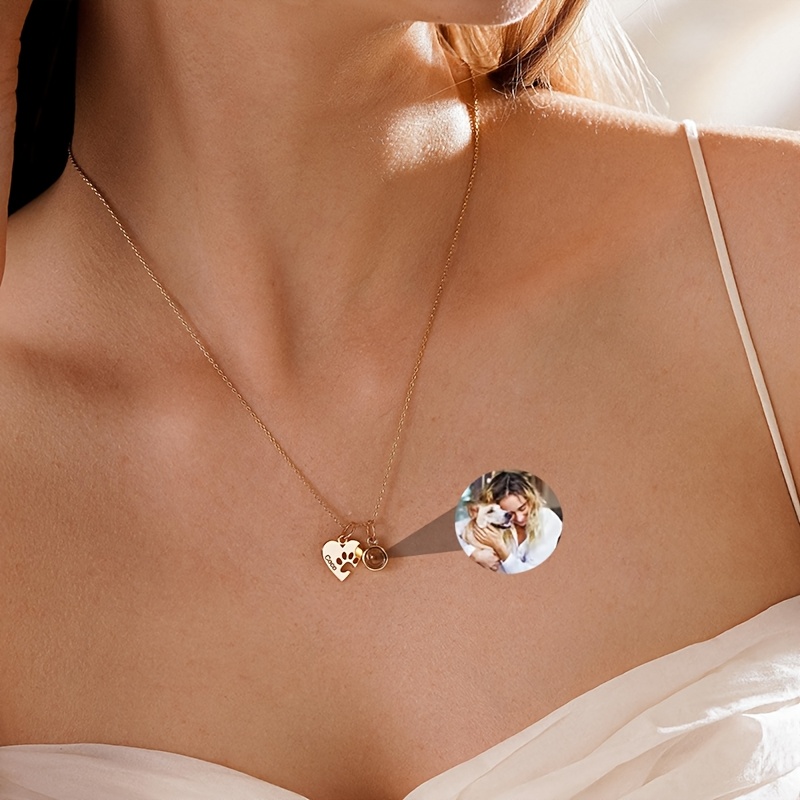 Custom Stainless Steel Heart Shaped Paw Name Projection Necklace